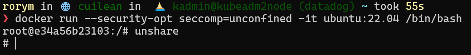 Unshare allowed when Docker's seccomp filter is disabled