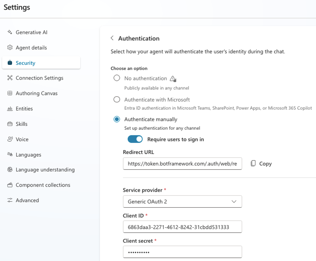Authentication is configured in the agent's security settings (click to enlarge).