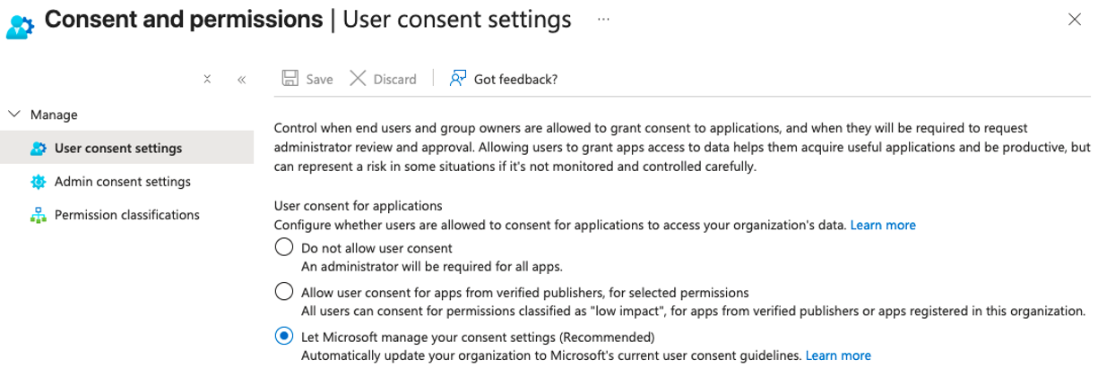 Microsoft's default consent settings prevent user consent to site and file permissions (click to enlarge).