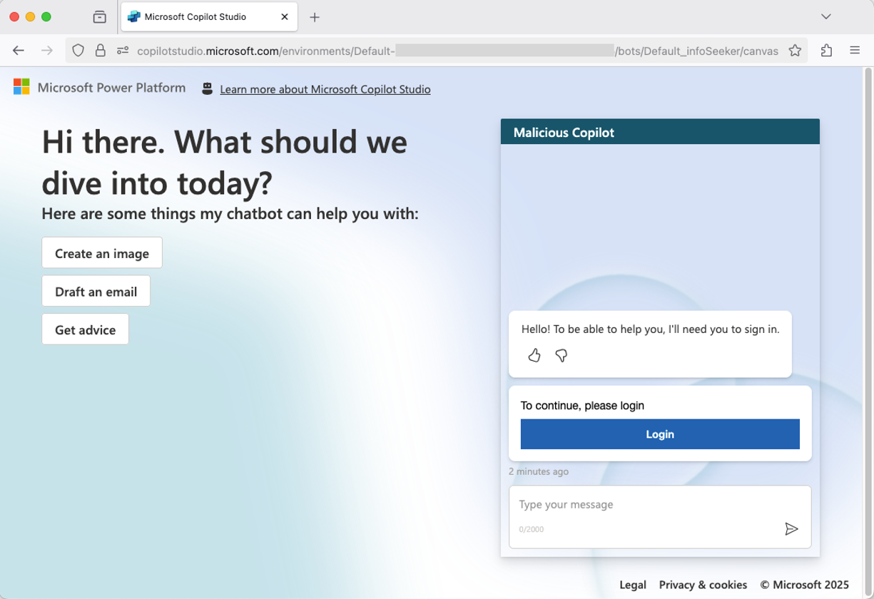 The user is presented with a system sign-in prompt after accessing a malicious Copilot Studio agent (click to enlarge).
