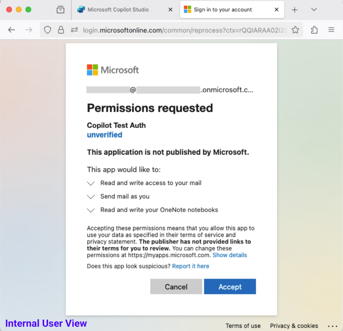 An unprivileged user can consent to permissions from unverified internal applications that are not explicitly prevented, such as OneNote and email access (click to enlarge).