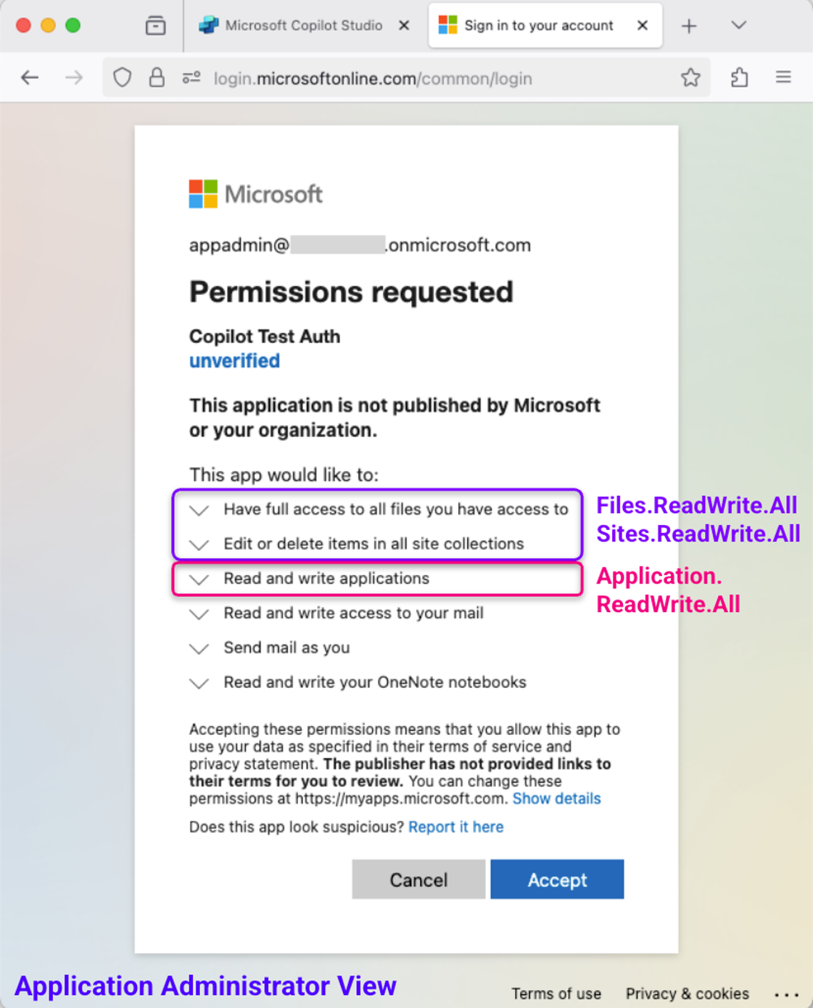 An application administrator can consent to permissions from unverified internal or external apps, including those prevented for standard users (click to enlarge).