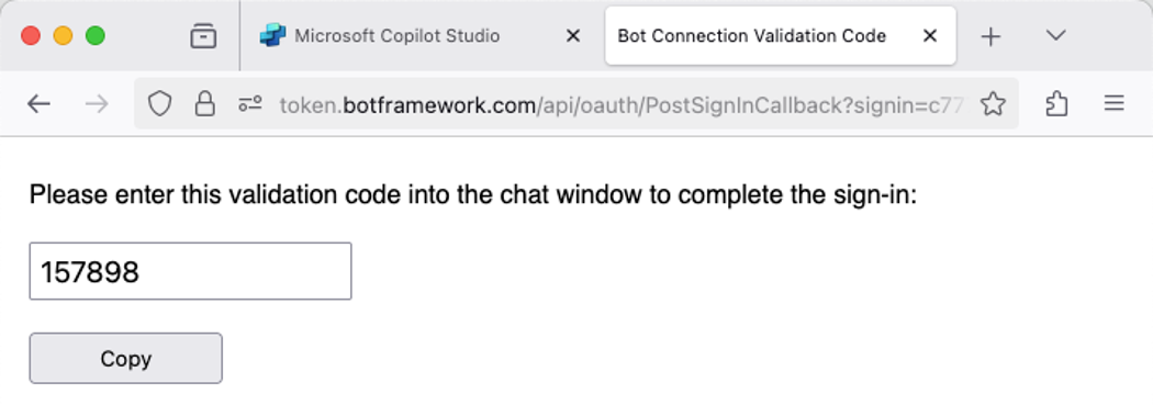 The user receives a validation code from the Bot Connection Validation service after consenting to the malicious application (click to enlarge).