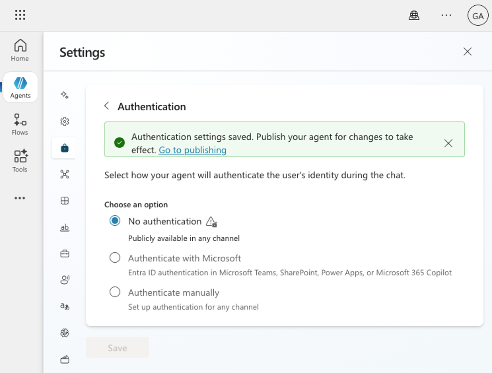 During testing,  a Copilot Studio agent's authentication settings were modified without generating the  BotUpdateOperation-BotAuthUpdate event (Click to enlarge).