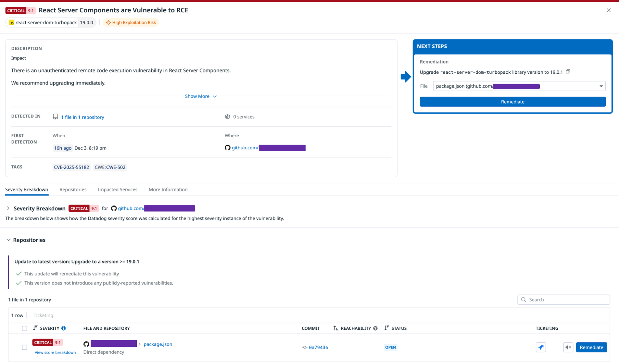 Datadog Code Security identfiying a vulnerable dependency (click to enlarge)