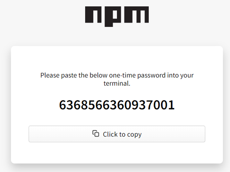 screenshot of npm one-time password modal