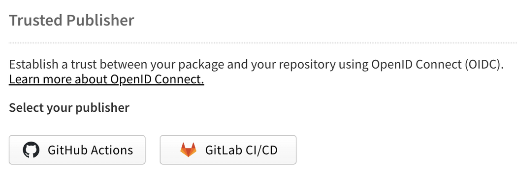 screenshot of npm trusted publisher selection modal