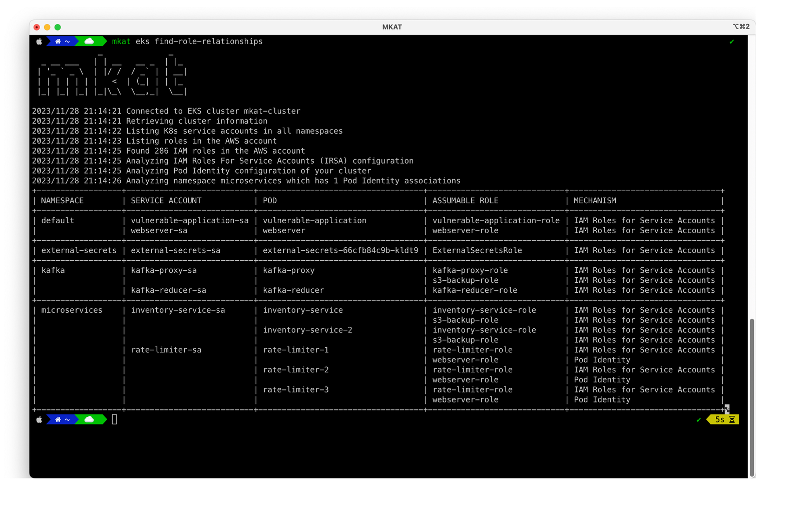 MKAT now supports analyzing Pod Identity relationships between your in-cluster workloads and your IAM roles (click to enlarge).