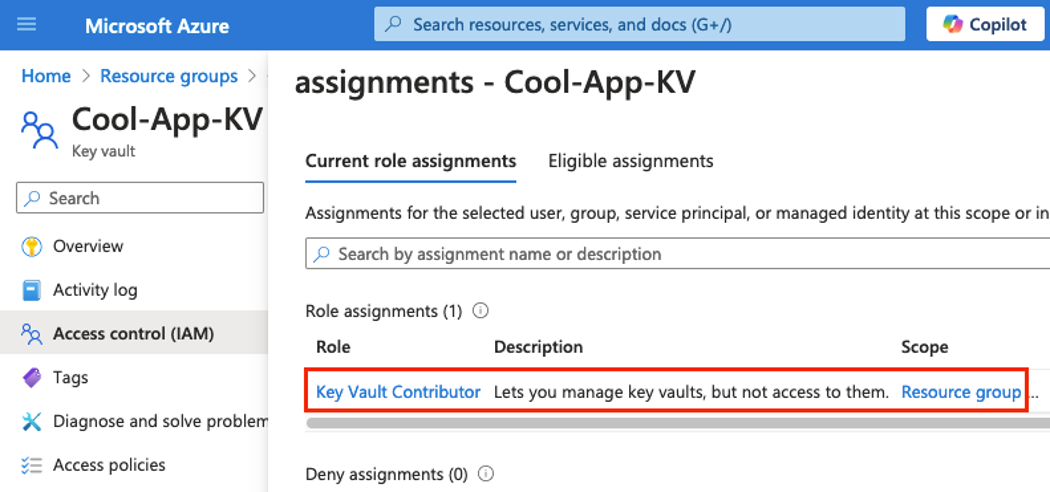 The Key Vault Contributor role does not allow data access (click to enlarge).