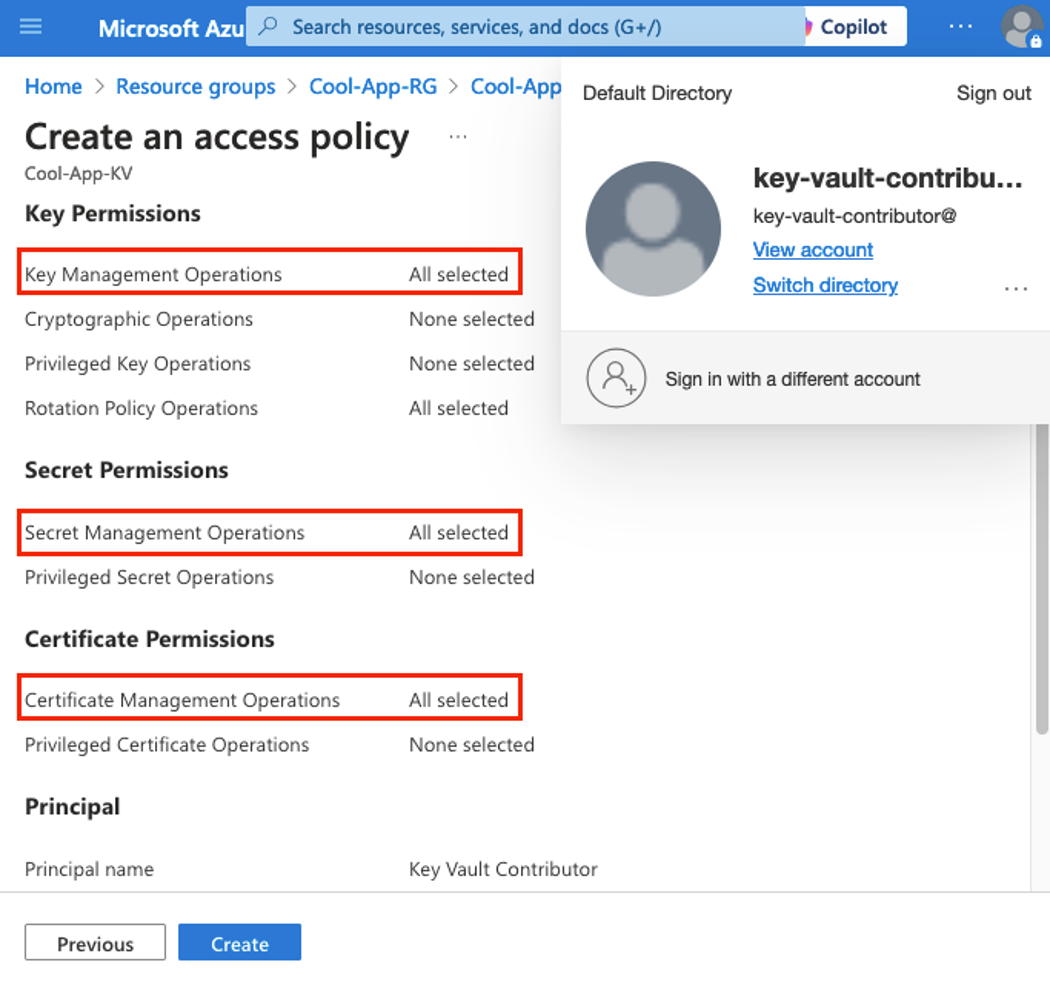 A Key Vault Contributor adding an access policy (click to enlarge).