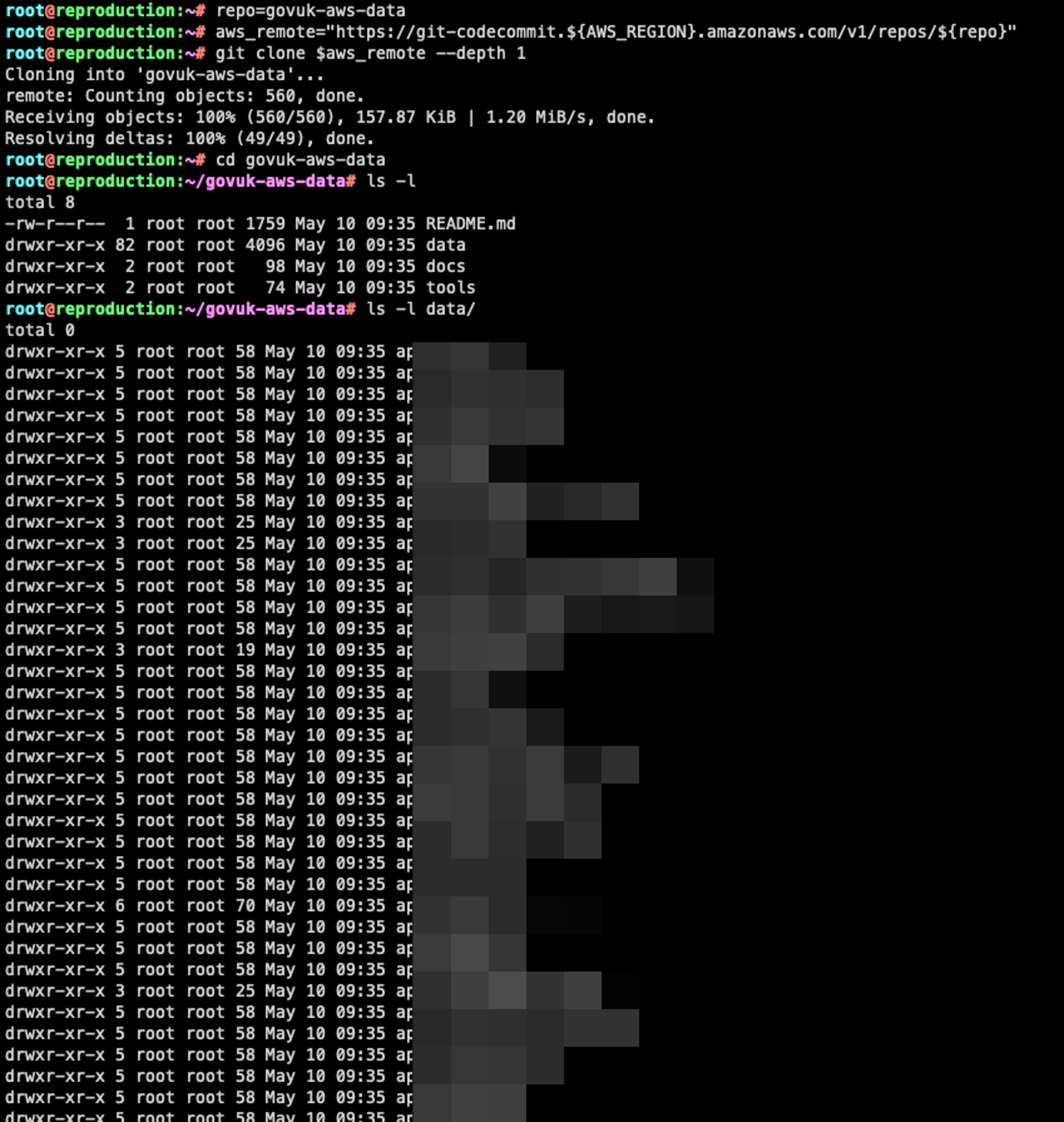 Using credentials obtained from the vulnerable IAM role, we were able to access the contents of private GitHub repositories (click to enlarge)