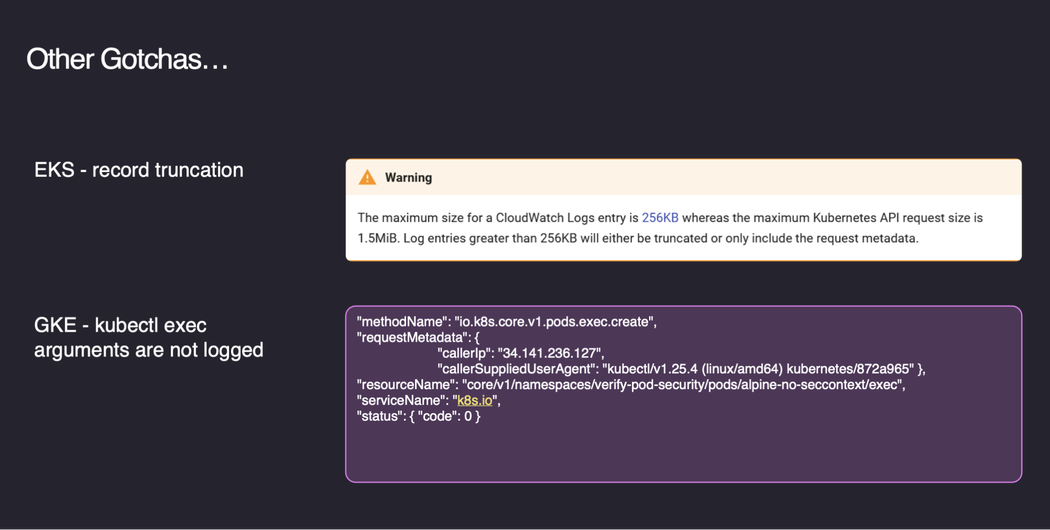 Kubernetes logging gotchas (click to enlarge).