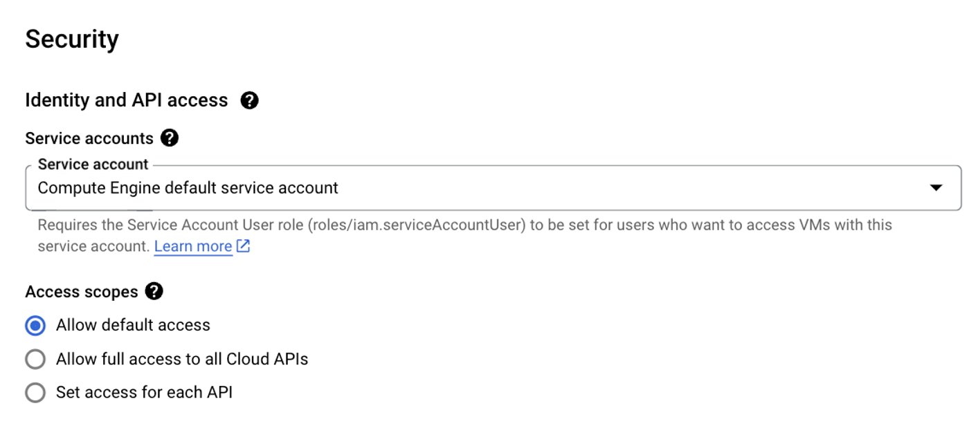 Compute Engine instance creation wizard showing that the Compute Engine default service account is used by default (click to enlarge).