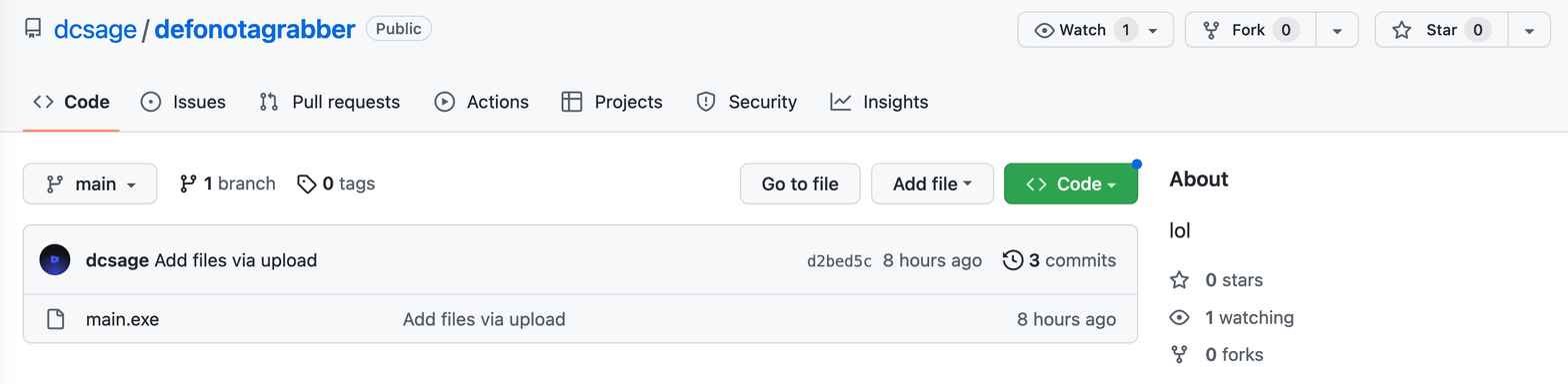 Malicious GitHub repository hosting the malware second stage executable