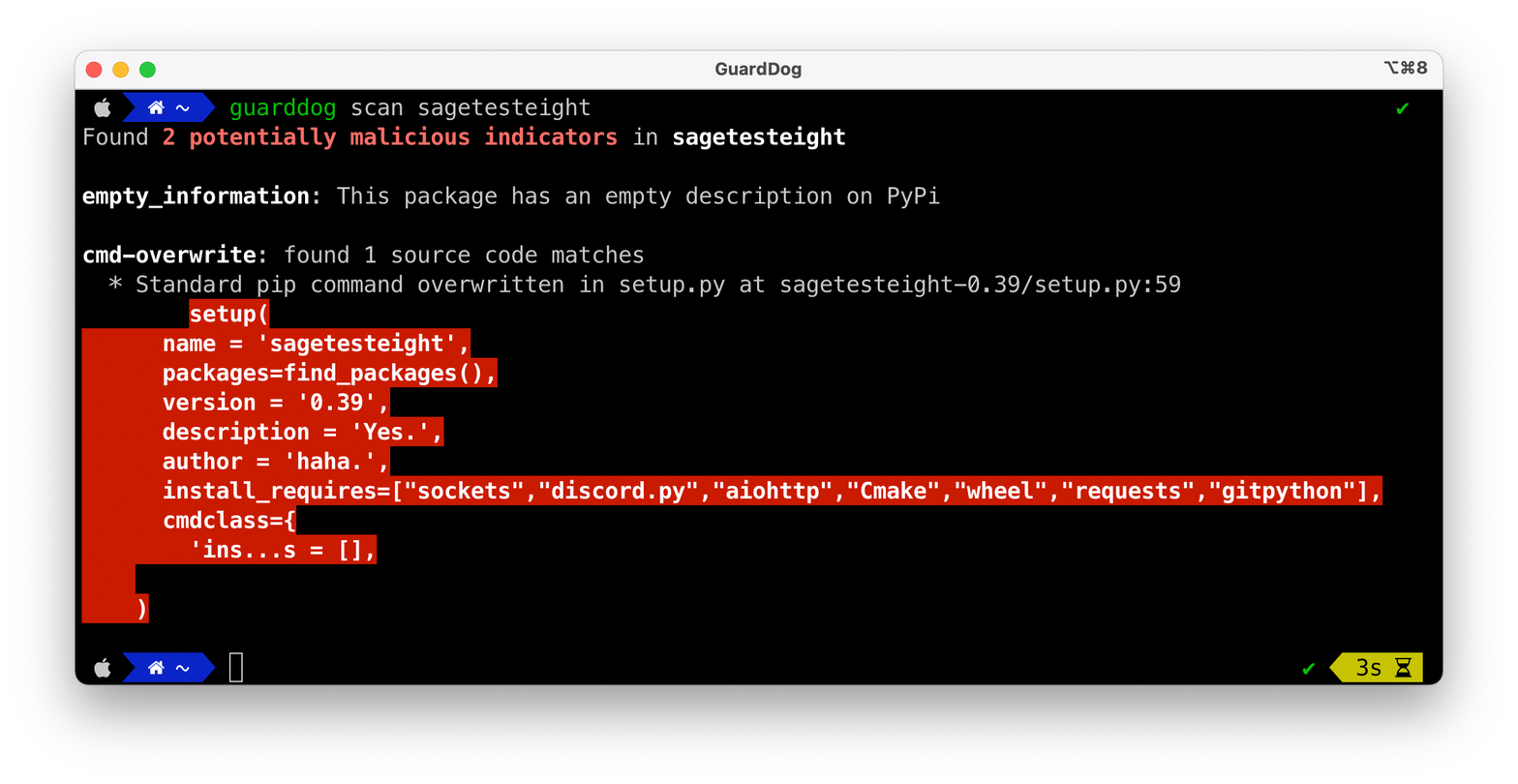 Running GuardDog against the sagetesteight package