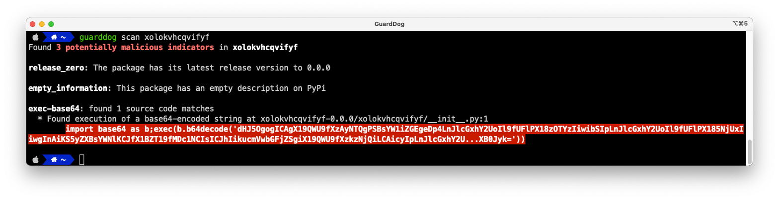 Running GuardDog against the xolokvhcqvifyf package