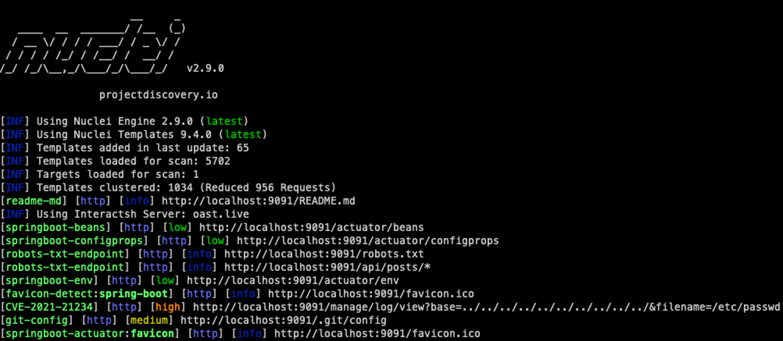 Nuclei detecting our honeypot as a Sprint Boot application