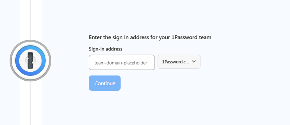 Version 4 enterprise/team targeting form asking victims to enter their company's 1Password sign-in address (click to enlarge)