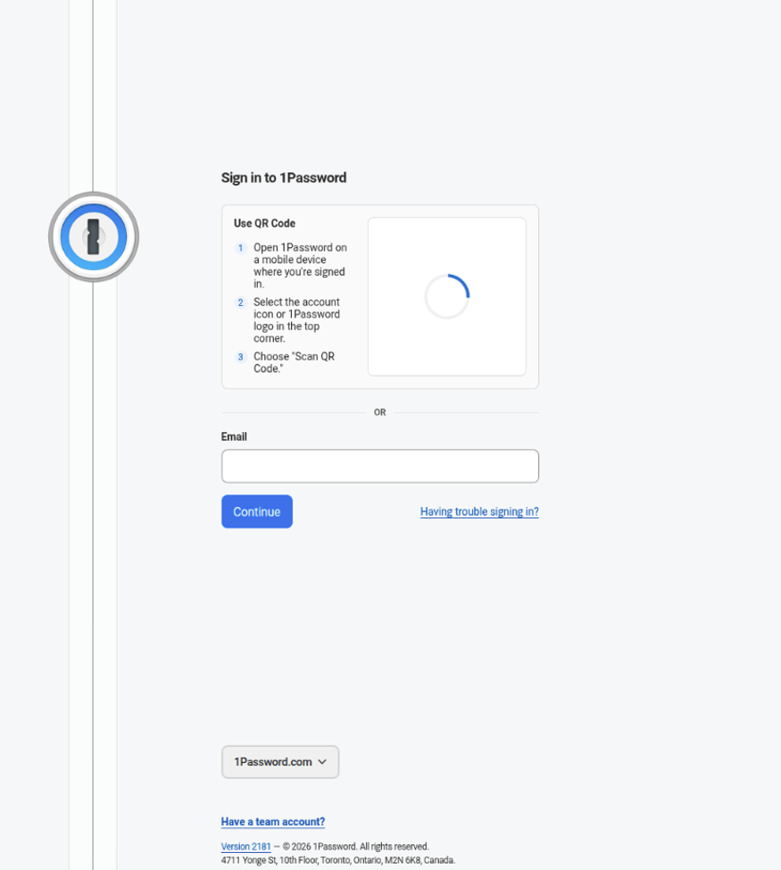 Version 4 of the 1Phish kit: heavily rebuilt fake 1Password sign-in page with QR code option, domain selector, and JavaScript obfuscation (click to enlarge)