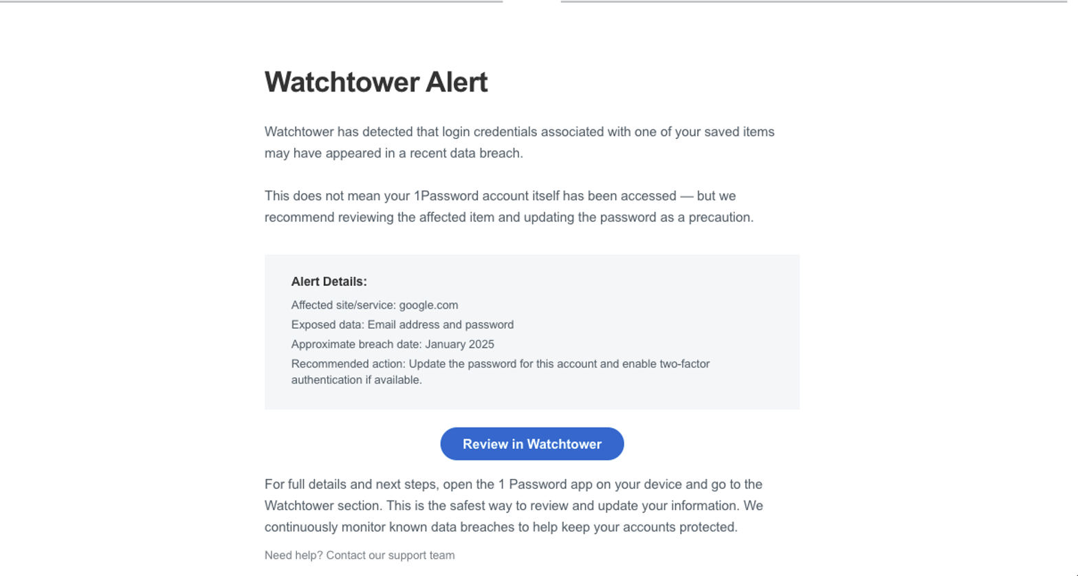 Fake Watchtower Alert phishing email lure claiming the user's credentials were found in a data breach (click to enlarge)