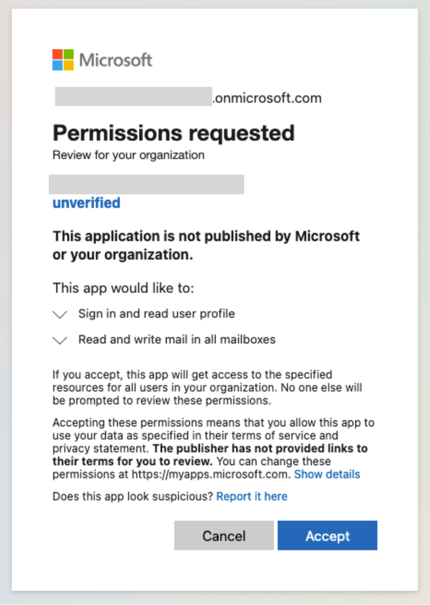 An application that requests permission to act as a user with delegated permission scopes (click to enlarge).