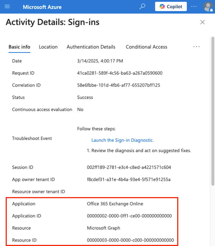 Authenticating as the Office 365 Exchange Online application after adding a certificate to its local SP (click to enlarge).