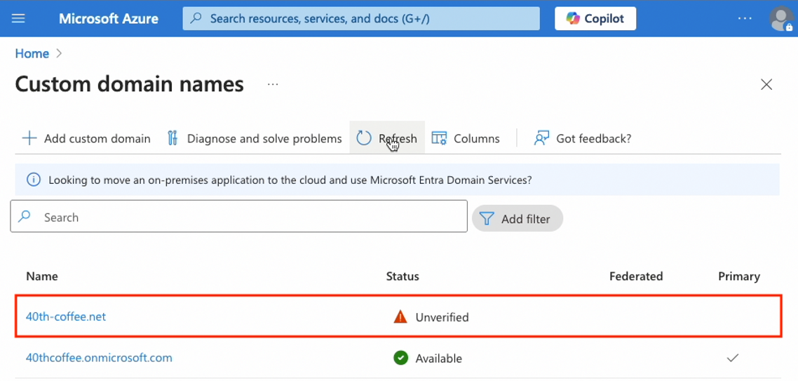 A malicious domain has been added to Entra ID but needs to be verified before federation is configured (click to enlarge).