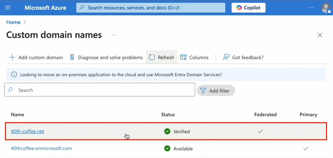 After domain verification and federation configuration, the malicious domain appears as federated in Entra ID (click to enlarge).