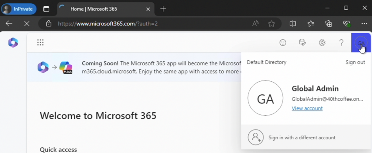 Browsing M365 as a target Global Administrator after sign-in with a forged SAML token (click to enlarge).