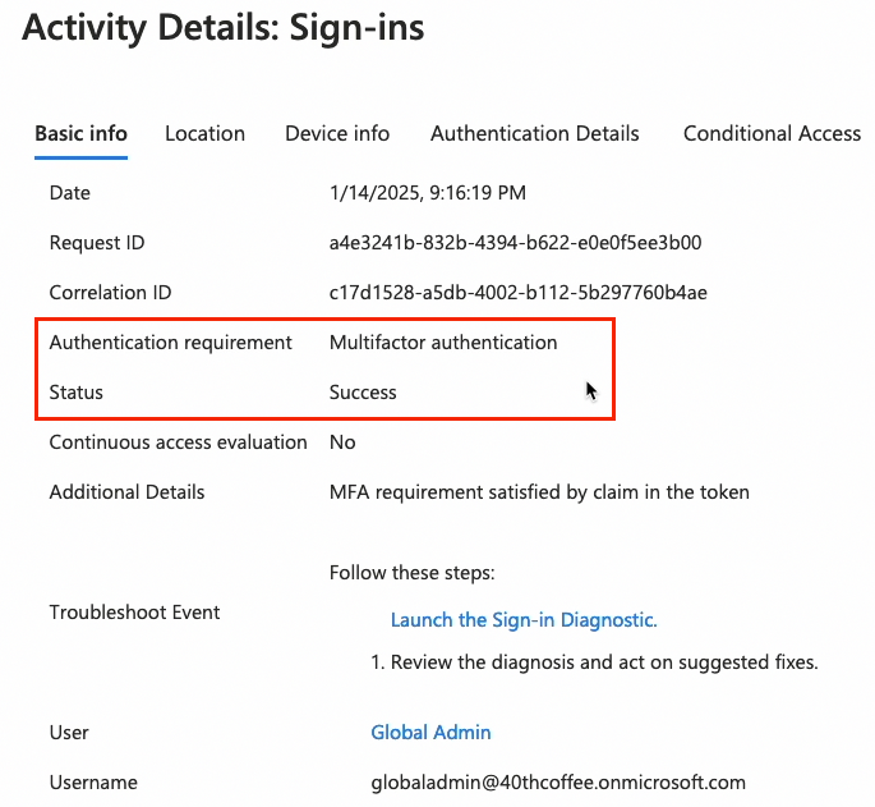 Sign-in logs of the compromised Global Administrator indicate that MFA was completed, but no password-based or multifactor authentication occurred (click to enlarge).