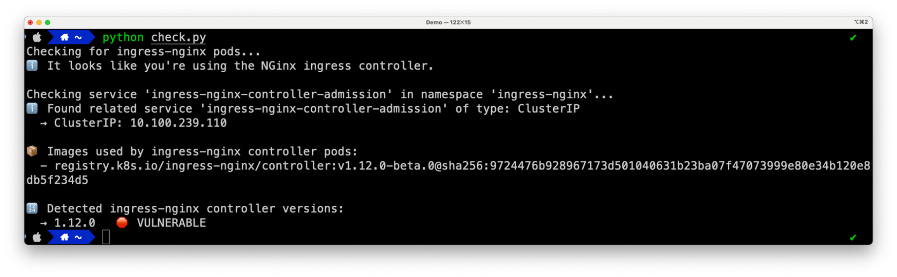 Sample script output on a vulnerable cluster (click to enlarge).