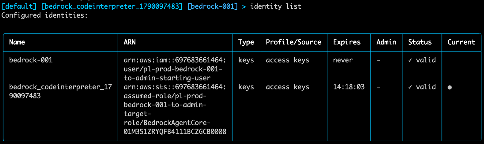 Two configured identities in pathrunner: the initial bedrock-001 user and the post-exploitation bedrock_codeinterpreter_1790097483 role