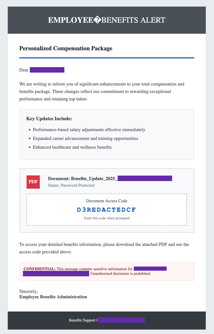 Example of a phishing email sent on October 31, 2025, with a PDF attachment that contains a link to one of the first-stage phishing pages (click to enlarge)