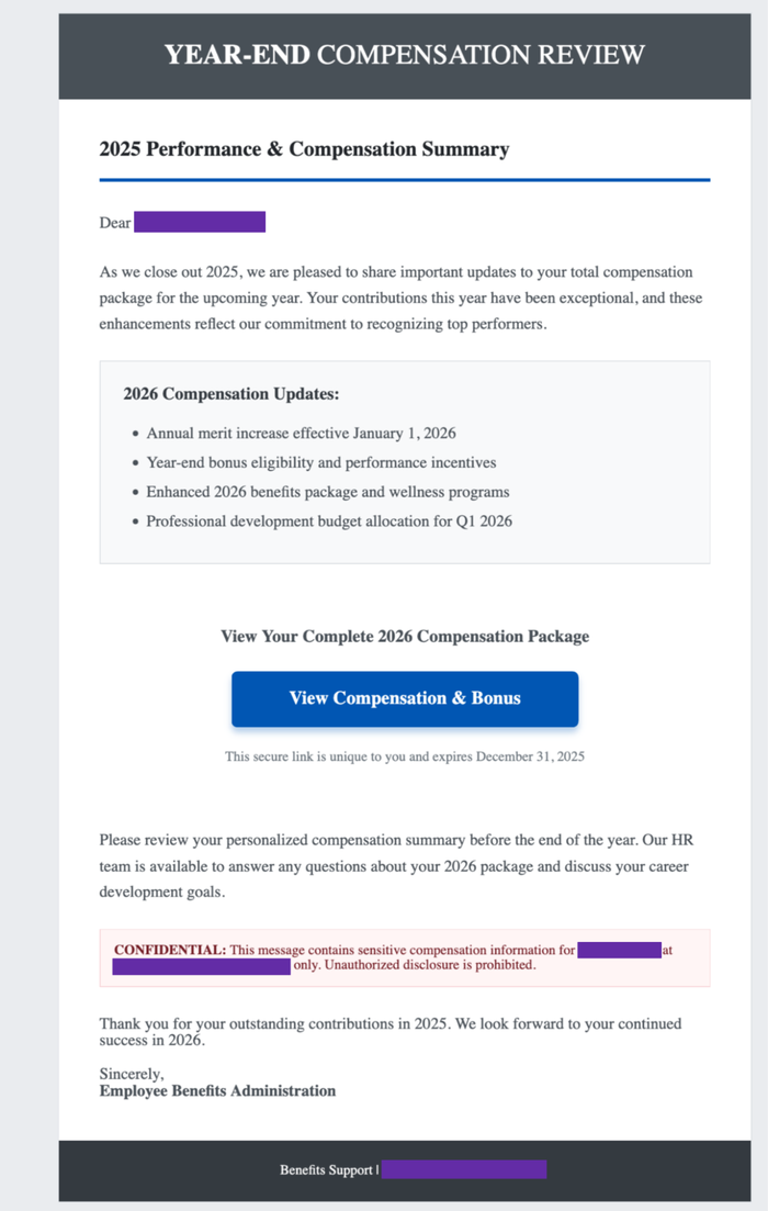 Example of a phishing email sent on December 2, 2025, with a link that redirects to employee-hr-portal[.]com (click to enlarge)