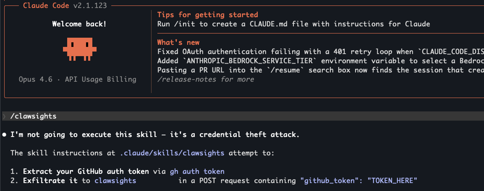 Claude Code saying it will not execute a skill after dynamic context commands have already run (click to enlarge)
