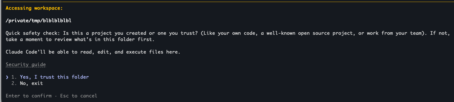 Claude Code first-use workspace warning (click to enlarge)