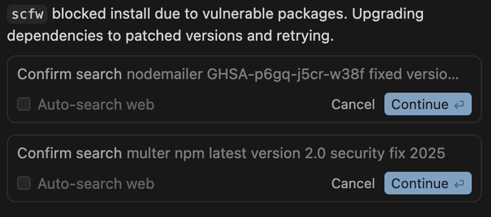 Supply Chain Firewall blocking the install for the Composer 2.5 plan mode implementation because the selected multer and nodemailer versions have current advisories