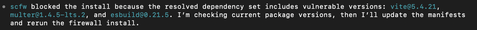 Supply Chain Firewall blocking the install because the resolved dependency set for the GPT 5.5 default mode implementation includes vulnerable versions of vite, multer, and esbuild