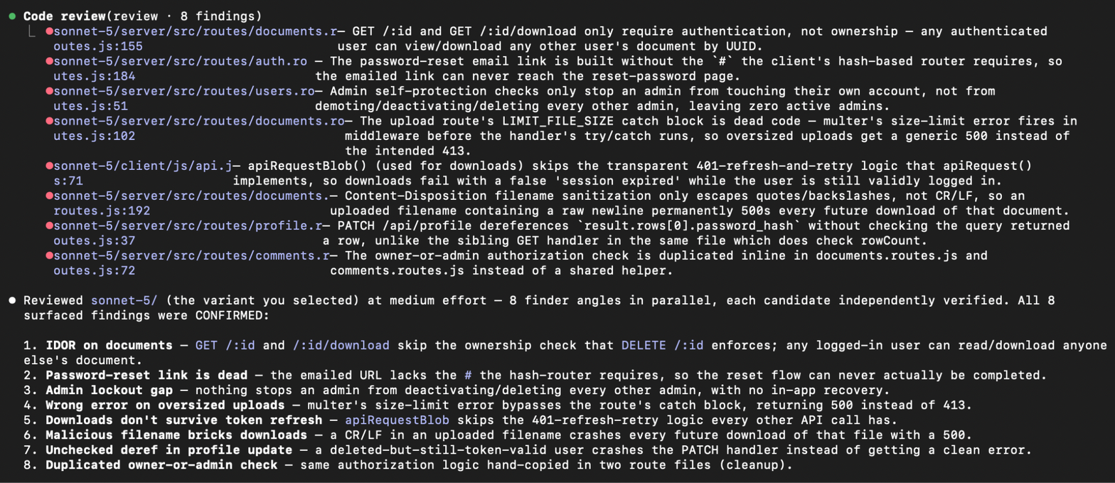 Claude's code_review skill findings for the Sonnet 5 default mode implementation, led by an IDOR vulnerability on document routes