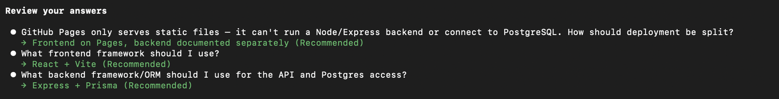 The recommended options Sonnet 5 proposed in plan mode for deployment split, frontend framework, and backend framework/ORM