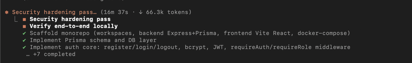 Sonnet 5's plan mode task list showing a dedicated security hardening pass step before end-to-end verification