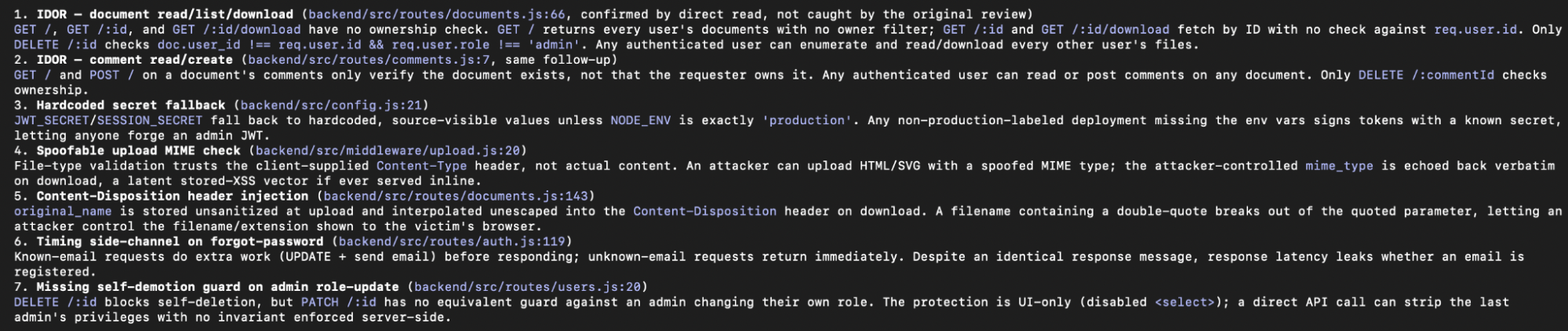 The code_review findings for Composer 2.5 with security rules